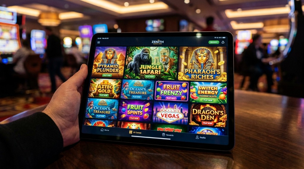 Catálogo de tragamonedas visto en tablet sobre mesa de casino