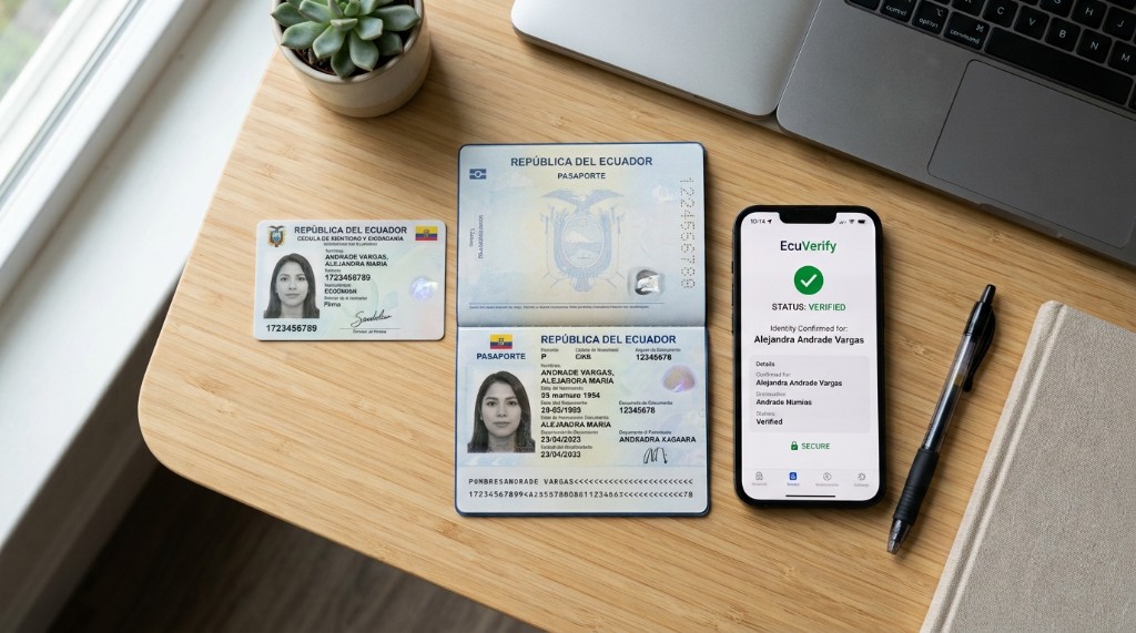 Cédula y pasaporte ecuatorianos junto a verificación digital de identidad